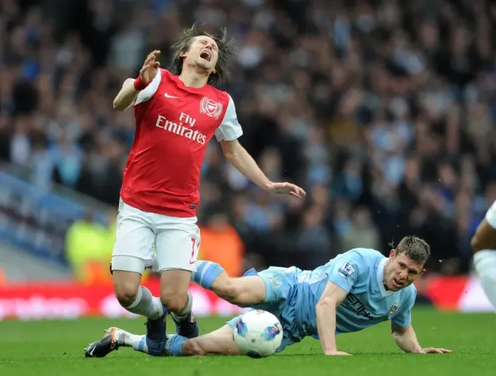 Framed Print : Intense Rivalry: Rosicky vs Milner - The Famous Foul in the Arsenal vs Manchester City Clash (2012)