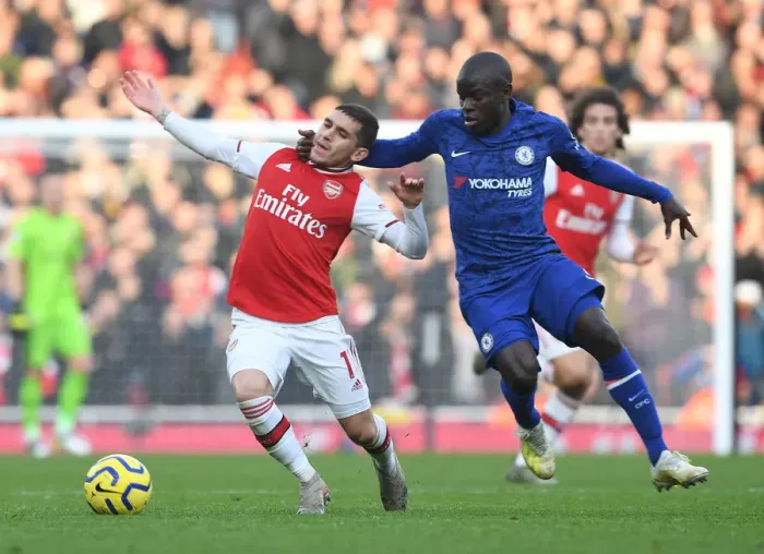 Framed Print : Intense Rivalry: Torreira Fouls Kante in Arsenal vs. Chelsea Clash (Premier League, December 2019)