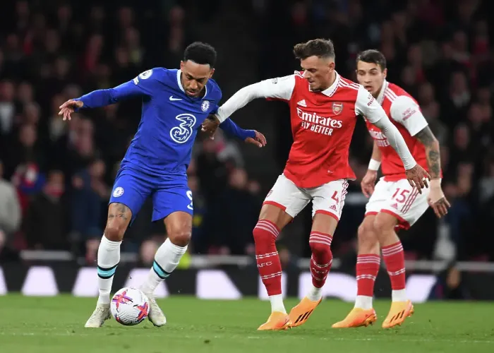 Framed Print : Intense Rivalry: White vs. Aubameyang - Arsenal vs. Chelsea's Epic Showdown (Premier League 2022-23)
