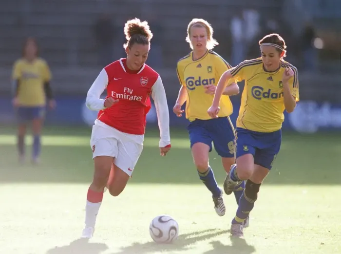 Framed Print : Intense Semi-Final Showdown: Lianne Sanderson vs. Julie Rydahl Bukh in the UEFA Women's Cup Match between Arsenal and Brondby Framed Print : Intense Semi-Final Showdown: Lianne Sanderson vs. Julie Rydahl Bukh in the UEFA Women's Cup Match between Arsenal and Brondby
