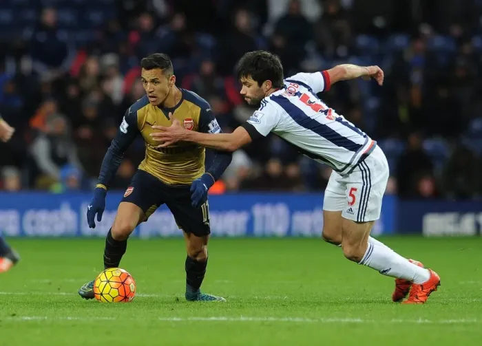 Framed Print : Intense Showdown: Alexis Sanchez vs. Claudio Yacob in West Bromwich Albion vs. Arsenal (Premier League 2015-16)