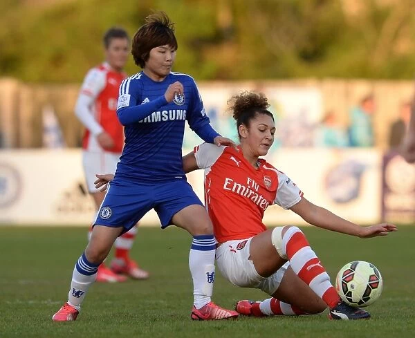 Intense Tackle: Jade Bailey vs Ji So Yun, Chelsea Ladies vs Arsenal Ladies WSL Match, Staines, England (April 2015)