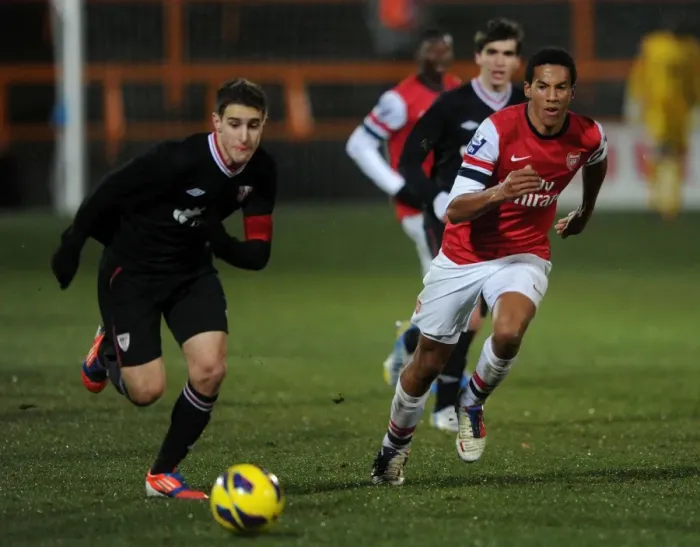 Framed Print : Isaac Hayden vs. Ander Artabe: Clash of Young Talents in Arsenal U19 vs. Athletico Bilbao U19 (NextGen Series)