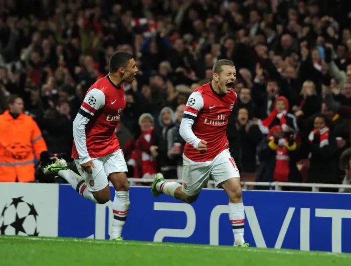 Framed Print : Jack Wilshere and Alex Oxlade-Chamberlain Celebrate Arsenal's First Goal vs Montpellier (2012-13) Framed Print : Jack Wilshere and Alex Oxlade-Chamberlain Celebrate Arsenal's First Goal vs Montpellier (2012-13)