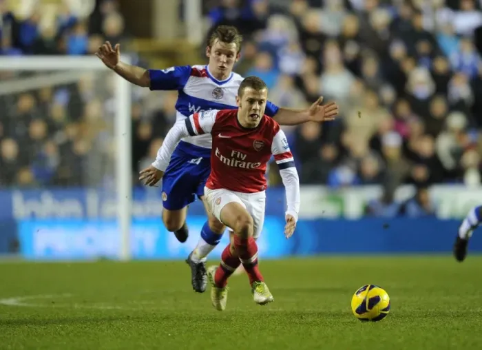 Framed Print : Jack Wilshere Breaks Past Reading's Jay Tabb: Arsenal vs. Reading, Premier League 2012-13