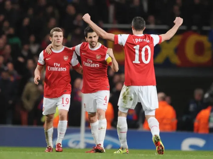 Framed Print : Jack Wilshere, Cesc Fabregas and Robin van Persie (Arsenal) celebrate after the match Framed Print : Jack Wilshere, Cesc Fabregas and Robin van Persie (Arsenal) celebrate after the match