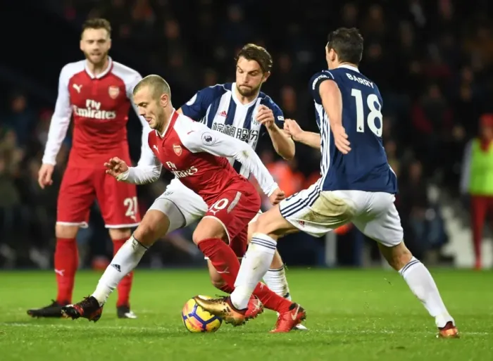 Framed Print : Jack Wilshere Clashes with Jay Rodriguez and Gareth Barry in West Bromwich Albion vs Arsenal Premier League Match