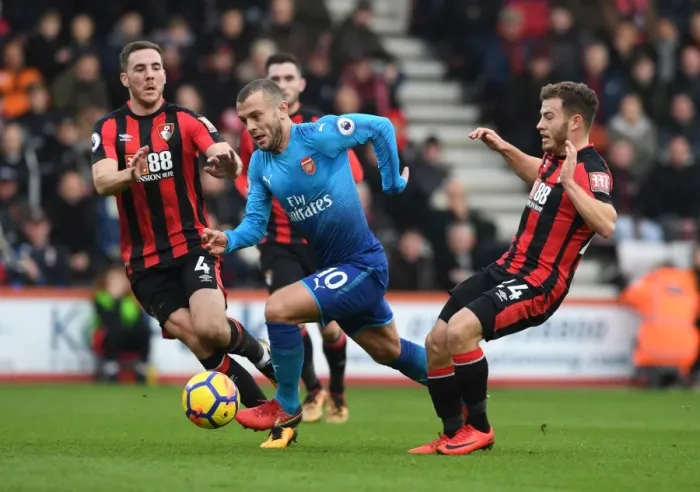 Framed Print : Jack Wilshere Clashes with Ryan Fraser and Dan Gosling in AFC Bournemouth vs Arsenal Premier League Match Framed Print : Jack Wilshere Clashes with Ryan Fraser and Dan Gosling in AFC Bournemouth vs Arsenal Premier League Match