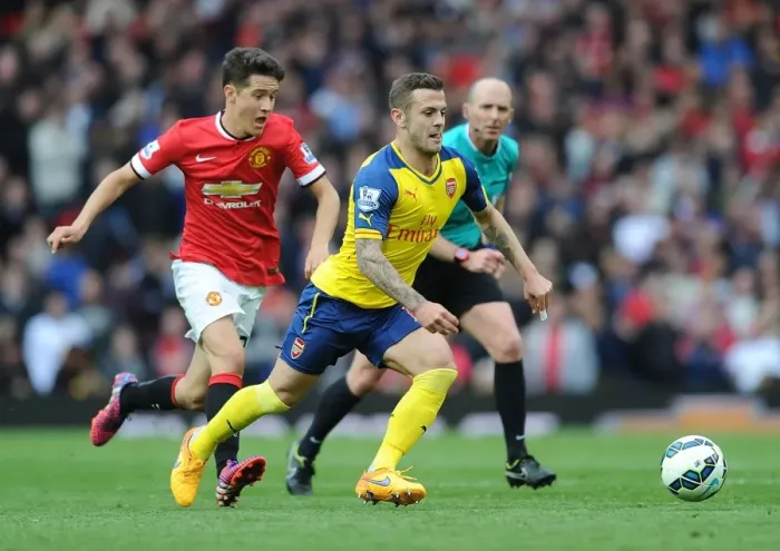 Framed Print : Jack Wilshere Outmaneuvers Ander Herrera: Premier League Showdown between Manchester United and Arsenal (2014-15)