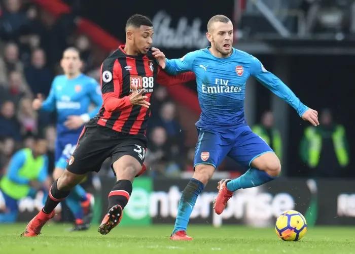 Framed Print : Jack Wilshere Outmaneuvers Lys Mousset: AFC Bournemouth vs. Arsenal, Premier League (2017-18)