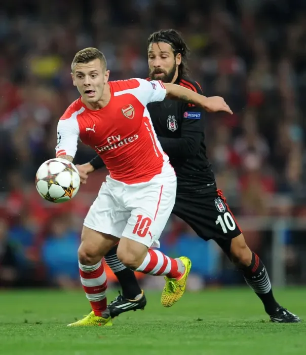 Framed Print : Jack Wilshere Outruns Olcay Sahan: Arsenal FC vs Besiktas JK, UEFA Champions League Qualifiers
