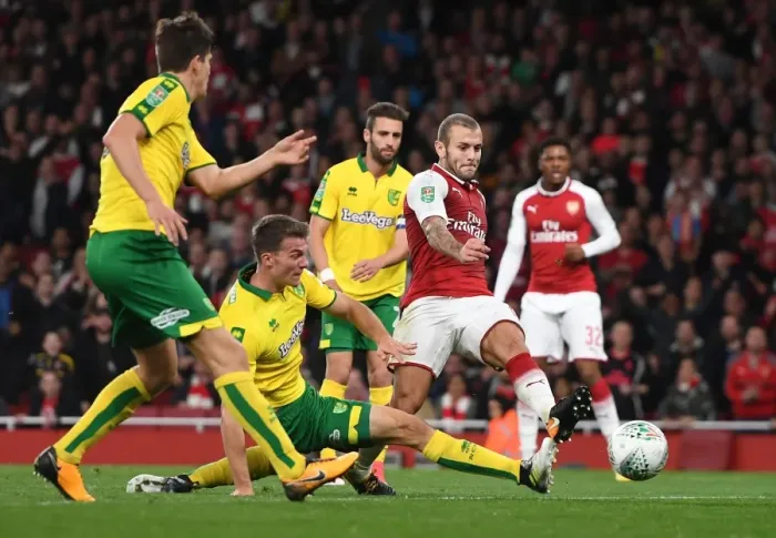 Framed Print : Jack Wilshere vs. Christoph Zimmermann: Intense Moment at the Emirates - Arsenal v Norwich Carabao Cup 2017-18