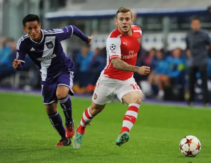 Framed Print : Jack Wilshere vs. Andy Najar: Battle in the Midfield - Arsenal vs. RSC Anderlecht, UEFA Champions League, 2014