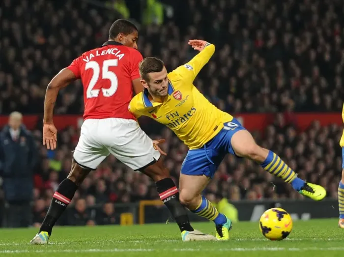 Framed Print : Jack Wilshere vs. Antonio Valencia: Battle at Old Trafford - Manchester United vs. Arsenal, Premier League 2013-14