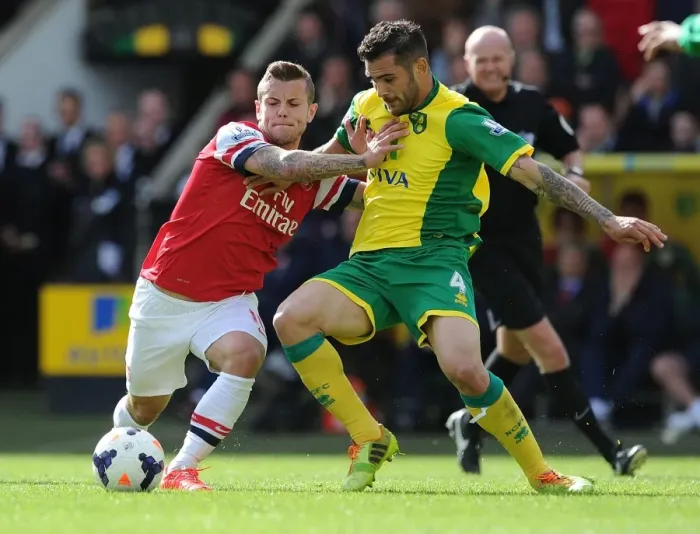 Framed Print : Jack Wilshere vs. Bradley Johnson: Intense Battle in Norwich City vs. Arsenal (2013-14)