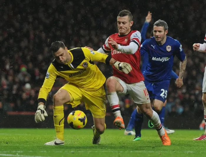 Framed Print : Jack Wilshere vs. David Marshall: A Fierce Battle in the Premier League - Arsenal vs. Cardiff City Showdown