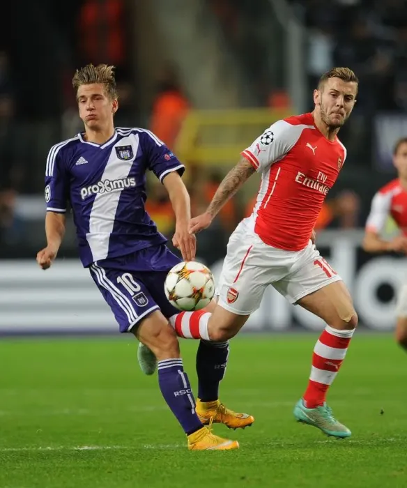 Framed Print : Jack Wilshere vs. Dennis Praet: Battle in the Midfield - Arsenal vs. Anderlecht, UEFA Champions League, 2014