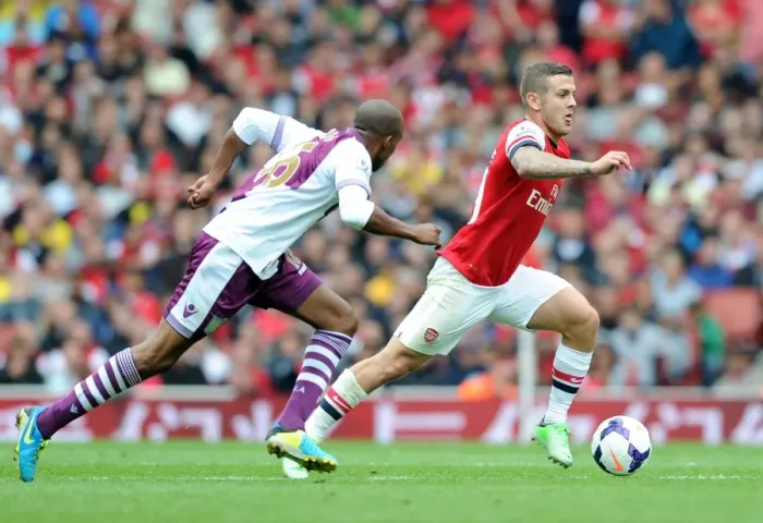 Framed Print : Jack Wilshere vs Fabian Delph: Battle in Midfield - Arsenal v Aston Villa, Premier League 2013-14