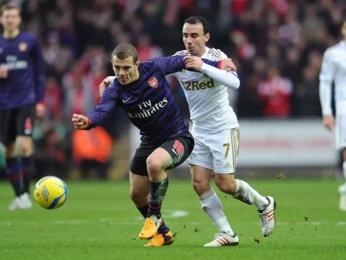 Framed Print : Jack Wilshere vs. Leon Britton: Battle at the Liberty Stadium - Swansea v Arsenal, FA Cup 3rd Round