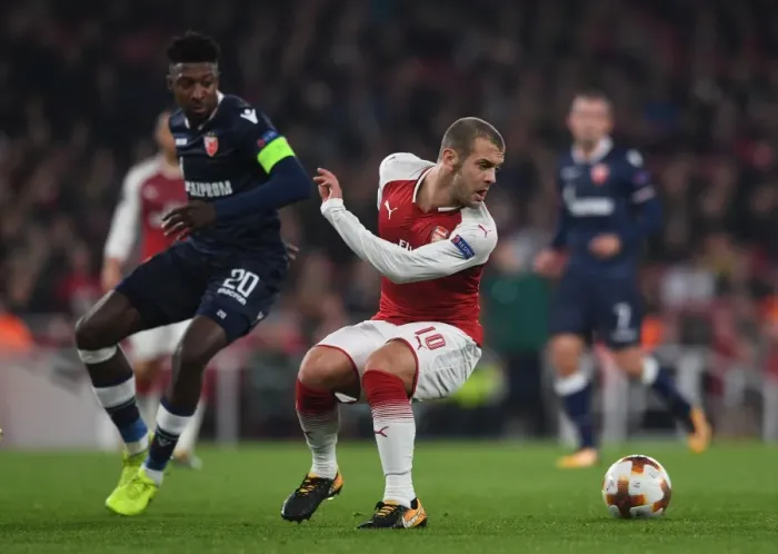 Framed Print : Jack Wilshere vs. Mitchell Donald: Arsenal FC vs. Crvena Zvezda, UEFA Europa League Showdown Framed Print : Jack Wilshere vs. Mitchell Donald: Arsenal FC vs. Crvena Zvezda, UEFA Europa League Showdown