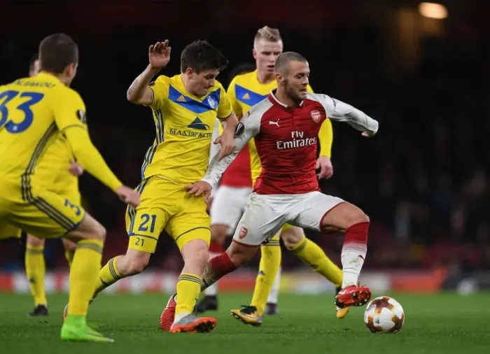 Framed Print : Jack Wilshere vs. Stanislav Dragun: Arsenal FC vs. BATE Borisov, UEFA Europa League Showdown