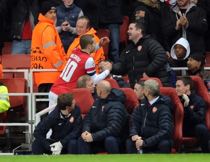 Framed Print : Jack Wilshere's Emotional Goal Celebration with Declan Lynch (Arsenal vs Montpellier, 2012-13) Framed Print : Jack Wilshere's Emotional Goal Celebration with Declan Lynch (Arsenal vs Montpellier, 2012-13)