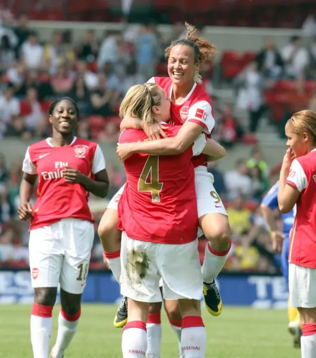 Framed Print : Jayne Ludlow and Lianne Sanderson Celebrate Arsenal's Second Goal in FA Womens Cup Final Victory
