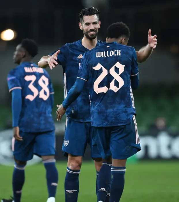 Framed Print : Joe Willock and Pablo Mari Celebrate Arsenal's Goals Against Dundalk in UEFA Europa League Framed Print : Joe Willock and Pablo Mari Celebrate Arsenal's Goals Against Dundalk in UEFA Europa League