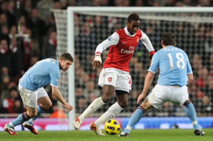 Framed Print : Johan Djourou (Arsenal) James Milner and Gareth Barry (Man City). Arsenal 0 Framed Print : Johan Djourou (Arsenal) James Milner and Gareth Barry (Man City). Arsenal 0