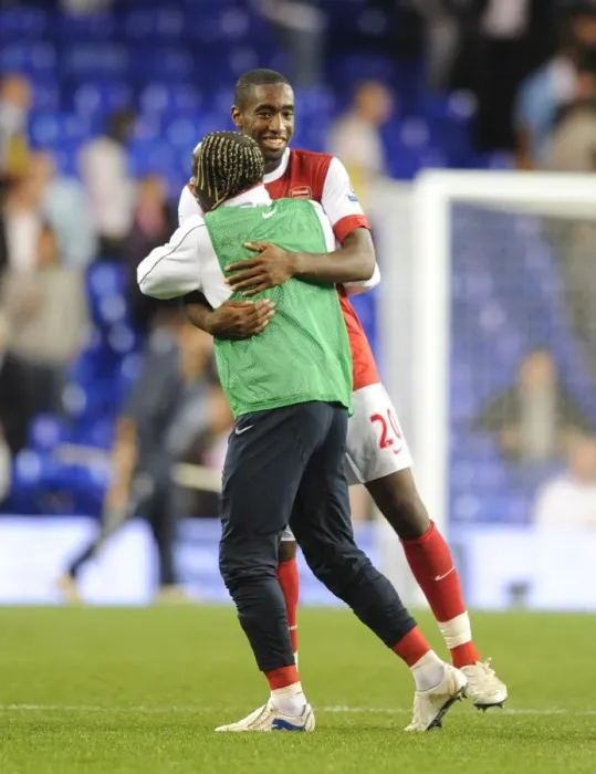 Framed Print : Johan Djourou and Bacary Sagna (Arsenal) celebrate after the match. Tottenham Hotspur 1