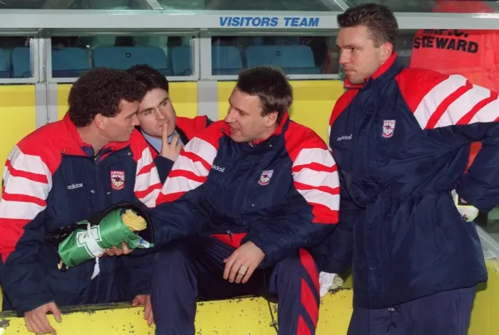 Framed Print : John Jensen, Anders Limpar, Paul Merson and Alan Miller (Arsenal) Framed Print : John Jensen, Anders Limpar, Paul Merson and Alan Miller (Arsenal)