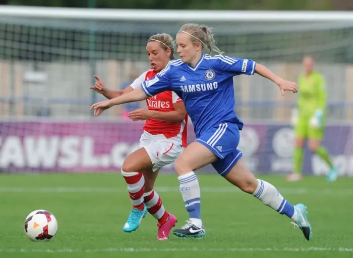 Framed Print : Jordan Nobbs vs. Anne Meiwald: Intense Battle in Chelsea Ladies vs. Arsenal Ladies WSL Match