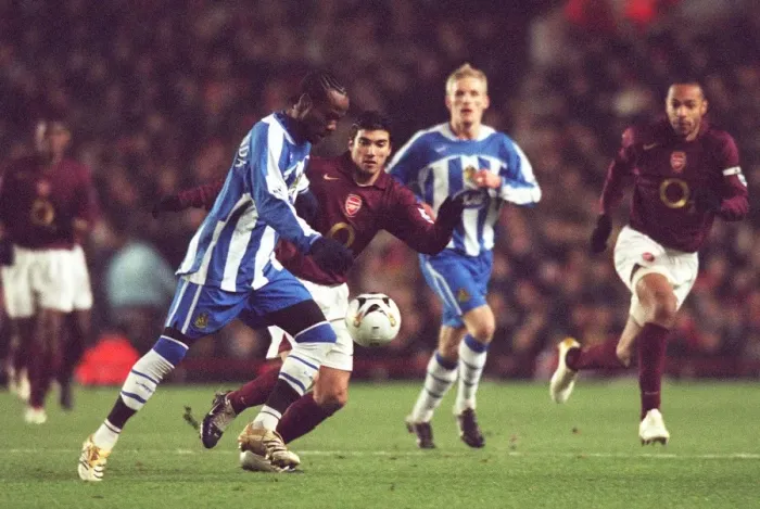 Framed Print : Jose Reyes vs. Pascal Chimbonda: A Battle at the Highbury Carling Cup Semifinal - Arsenal 2:1 Wigan Athletic (2005) Framed Print : Jose Reyes vs. Pascal Chimbonda: A Battle at the Highbury Carling Cup Semifinal - Arsenal 2:1 Wigan Athletic (2005)