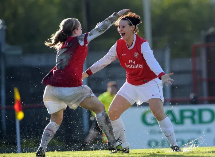Framed Print : Julie Fleeting and Kim Little: Celebrating Arsenal's Second Goal in UEFA Champions League Victory