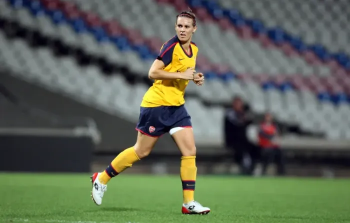 Framed Print : Julie Fleeting Scores for Arsenal in UEFA Cup Win Against Olympic Lyon