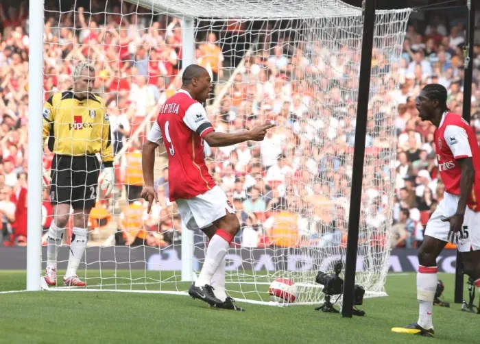 Framed Print : Julio Baptista celebrates scoring the 1st Arsenal goal with Emmanuel Adebayor