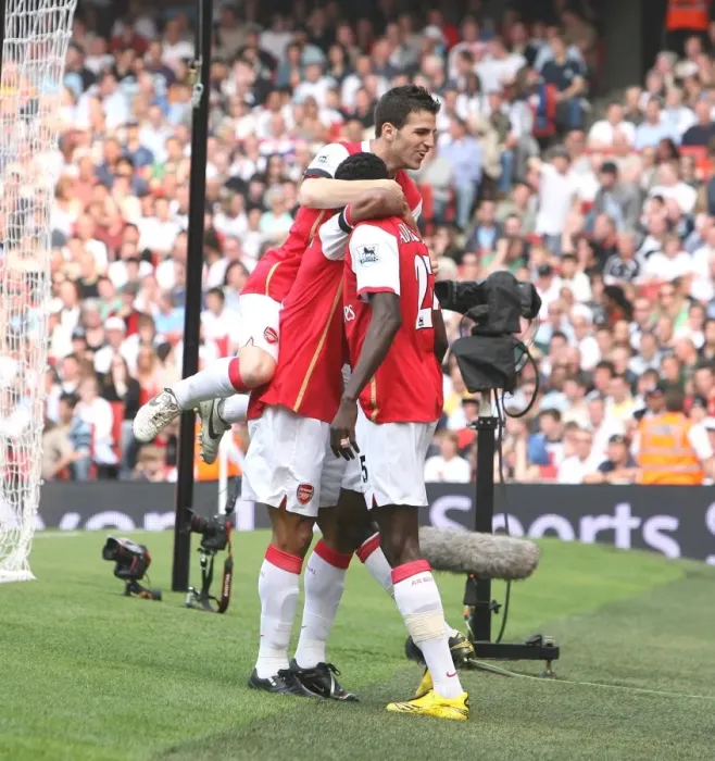 Framed Print : Julio Baptista and Teammates Emmanuel Adebayor and Cesc Fabregas Celebrate Arsenal's First Goal Against Fulham (3:1), Barclays Premiership, Emirates Stadium, London, 2007