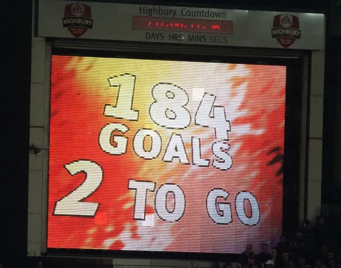 Framed Print : The Jumbo Tron lets Thierry Henry (Arsenal) he only needs two more goal to break Ian Wrights record Framed Print : The Jumbo Tron lets Thierry Henry (Arsenal) he only needs two more goal to break Ian Wrights record