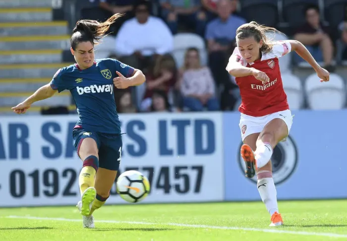Framed Print : Katie McCabe Scores Dramatic Goal Against West Ham's Claire Rafferty in Continental Cup Clash Framed Print : Katie McCabe Scores Dramatic Goal Against West Ham's Claire Rafferty in Continental Cup Clash
