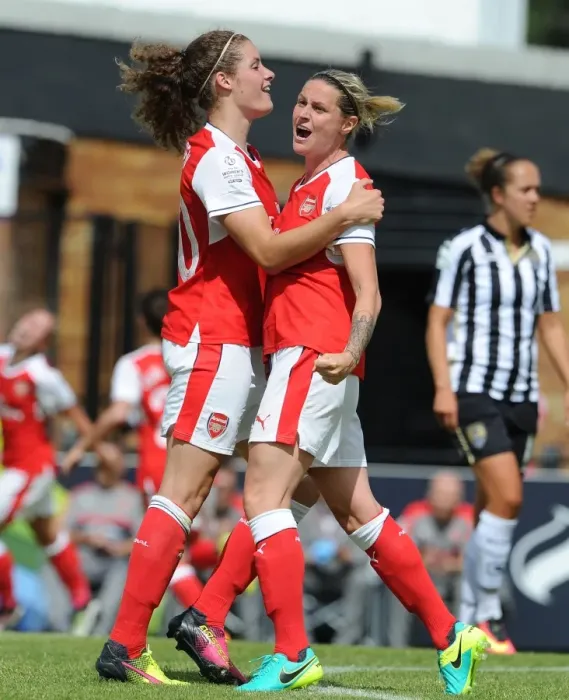 Framed Print : Kelly Smith and Dominique Janssen (Arsenal Ladies) celebrate the 2nd goal