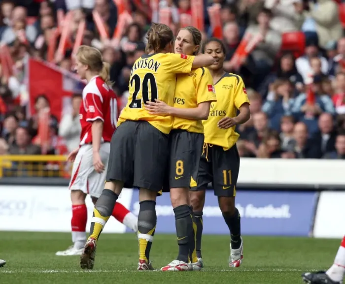 Framed Print : Kelly Smith and Gemma Davison: Celebrating Arsenal Ladies 4th Goal in FA Cup Final Victory (2007)