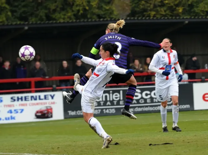 Framed Print : Kelly Smith Scores Dramatic Goal Against ASD Torres CF in Arsenal Ladies UEFA Women's Champions League Quarterfinal