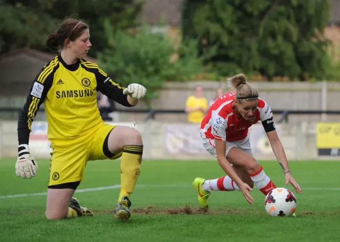 Framed Print : Kelly Smith Scores Penalty Past Marie Hourihan: Chelsea Ladies vs Arsenal Ladies, WSL (2014)