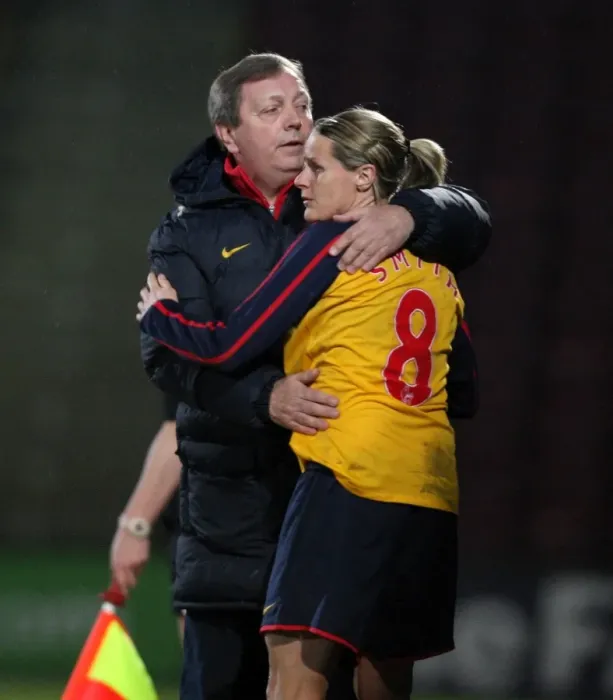 Framed Print : Kelly Smith's Emotional Farewell: Arsenal's Champion Hugs Manager Vic Akers in FA Premier League Cup Final Victory