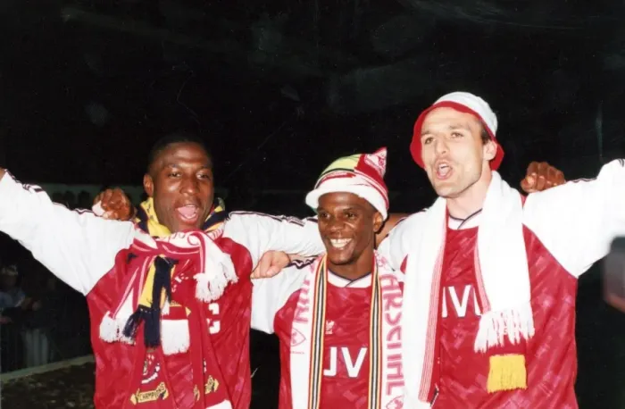 Framed Print : Kevin Campbell, Paul Davis and Steve Bould celebrate winning the League Championship Framed Print : Kevin Campbell, Paul Davis and Steve Bould celebrate winning the League Championship