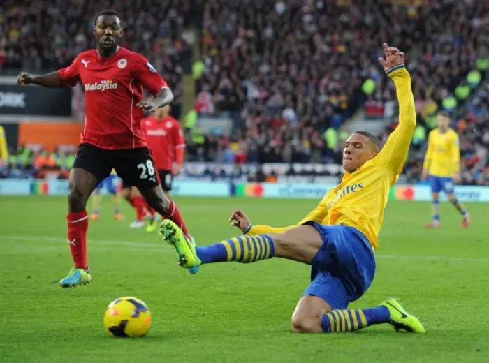 Framed Print : Kieran Gibbs (Arsenal) Kevin Theophile-Catherine (Cardiff). Cardiff City 0: 3 Arsenal