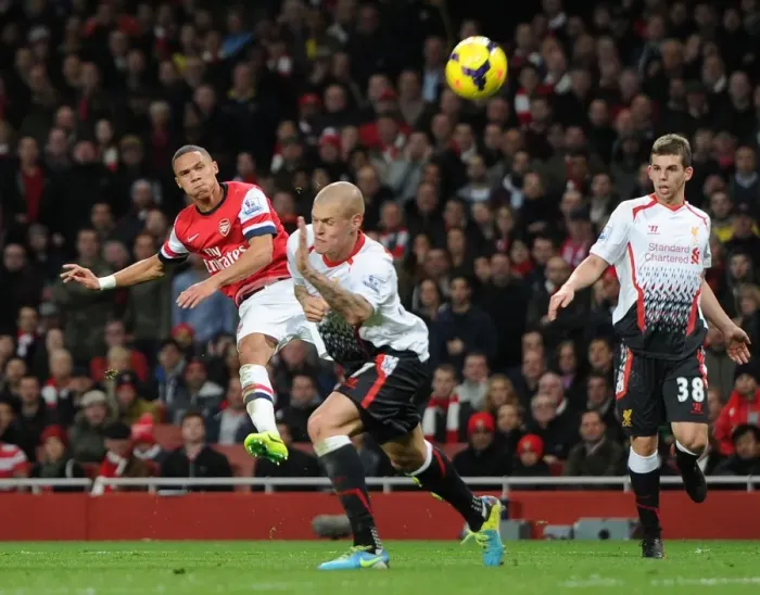 Framed Print : Kieran Gibbs (Arsenal) Martin Skrtel (Liverpool). Arsenal 2: 0 Liverpool. Barclays Premier League