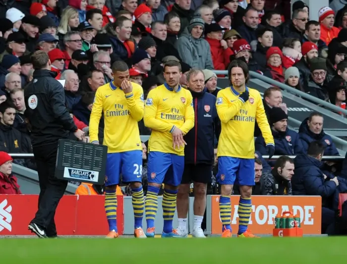Framed Print : Kieran Gibbs, Lukas Podolski and Tomas Rosicky (Arsenal) prepare to come on as substitutes Framed Print : Kieran Gibbs, Lukas Podolski and Tomas Rosicky (Arsenal) prepare to come on as substitutes