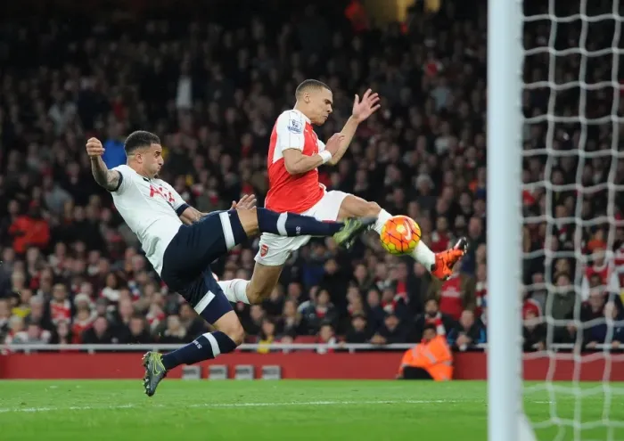 Framed Print : Kieran Gibbs Scores Dramatic Goal: Arsenal vs. Tottenham Rivalry (2015-16)