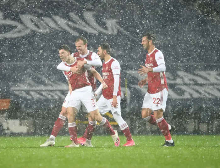 Framed Print : Kieran Tierney Scores First Arsenal Goal: Arsenal's Victory Over West Bromwich Albion in Premier League 2020-21